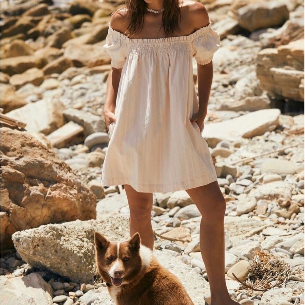 EUC Free People Off-Shoulder Babydoll Dress Pale Pink Stripe | Size M